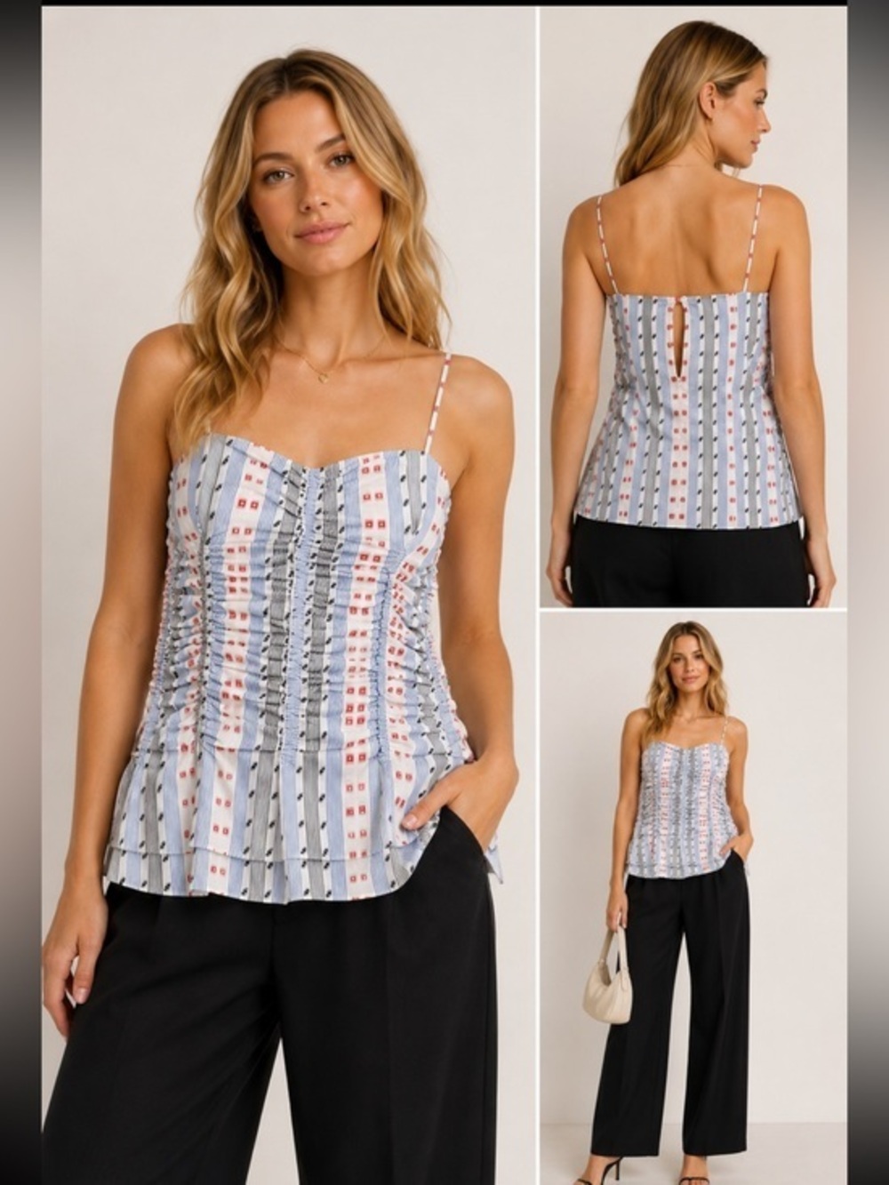 Carven Paris Ruched Printed Cotton silk Cami Top Blue White Sleeveless Designer